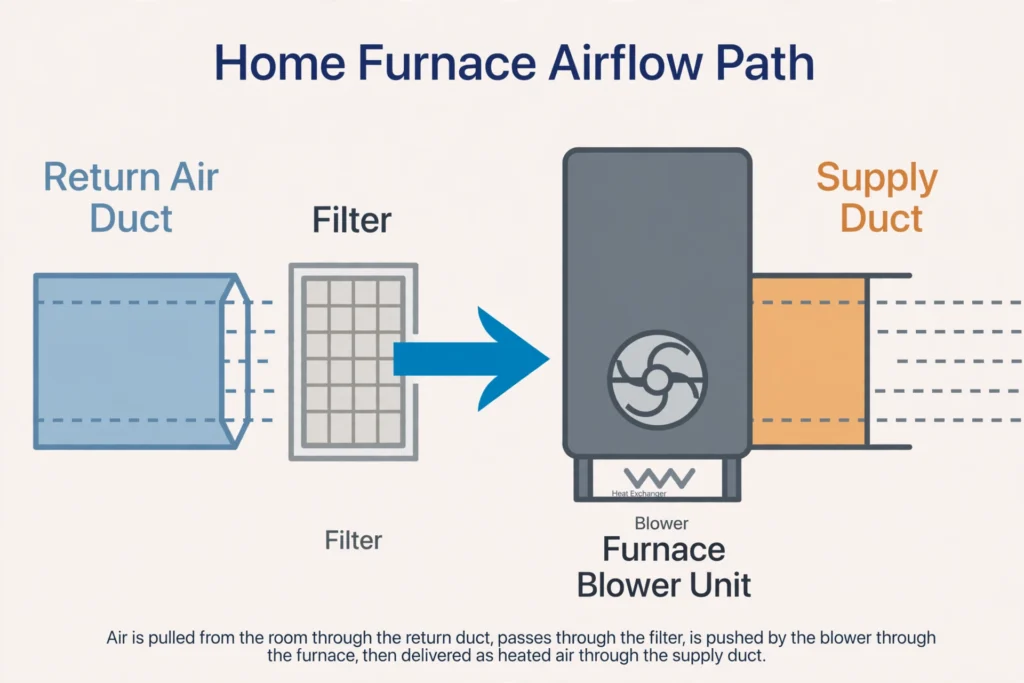 Diagram showing a furnace filter's printed arrow pointing toward the furnace blower, in the direction of airflow from the return duct