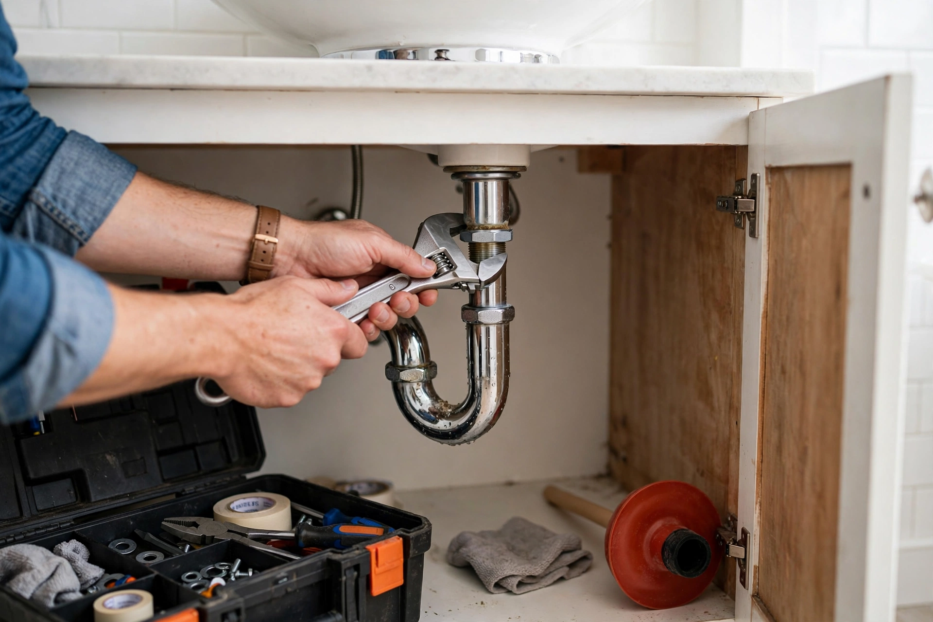 Homeowner tightening a sink drain pipe with a wrench under a bathroom sink