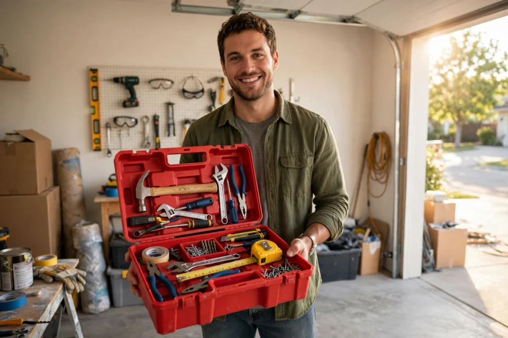 New homeowner holding an open toolbox filled with DIY hand tools in a bright garage