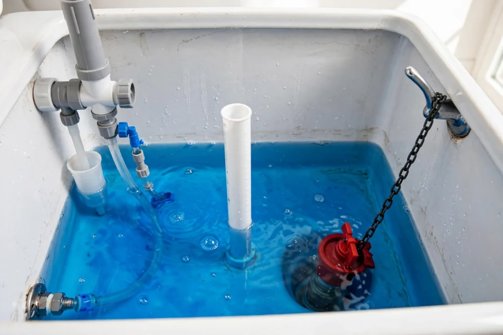 Close-up inside a toilet tank with blue dye-test water, flapper and fill valve visible