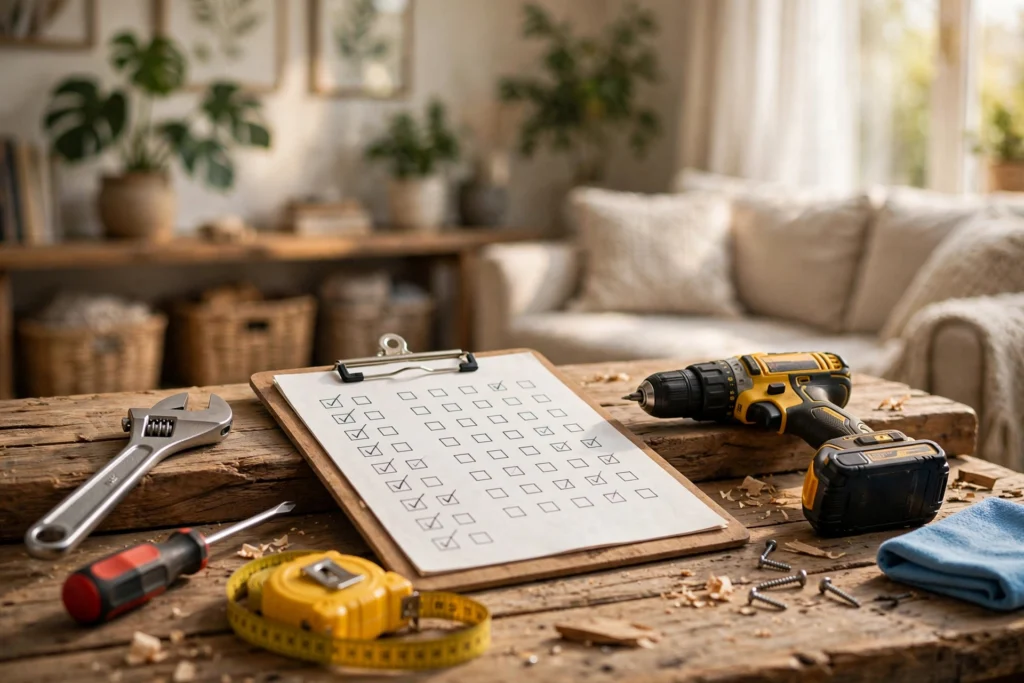 New homeowner maintenance checklist with DIY tools on a workbench
