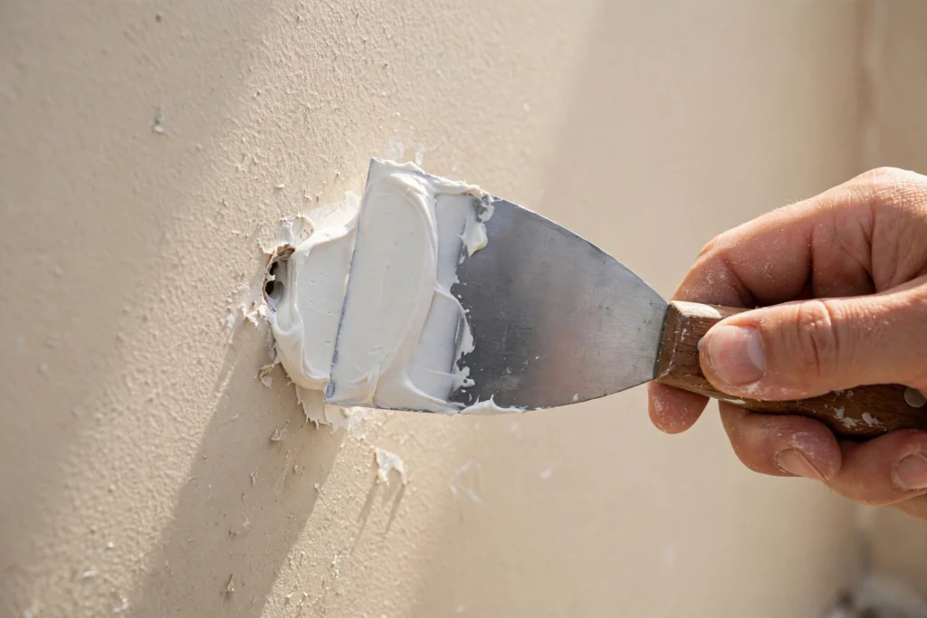 Putty knife applying white spackle to a small hole in a beige wall
