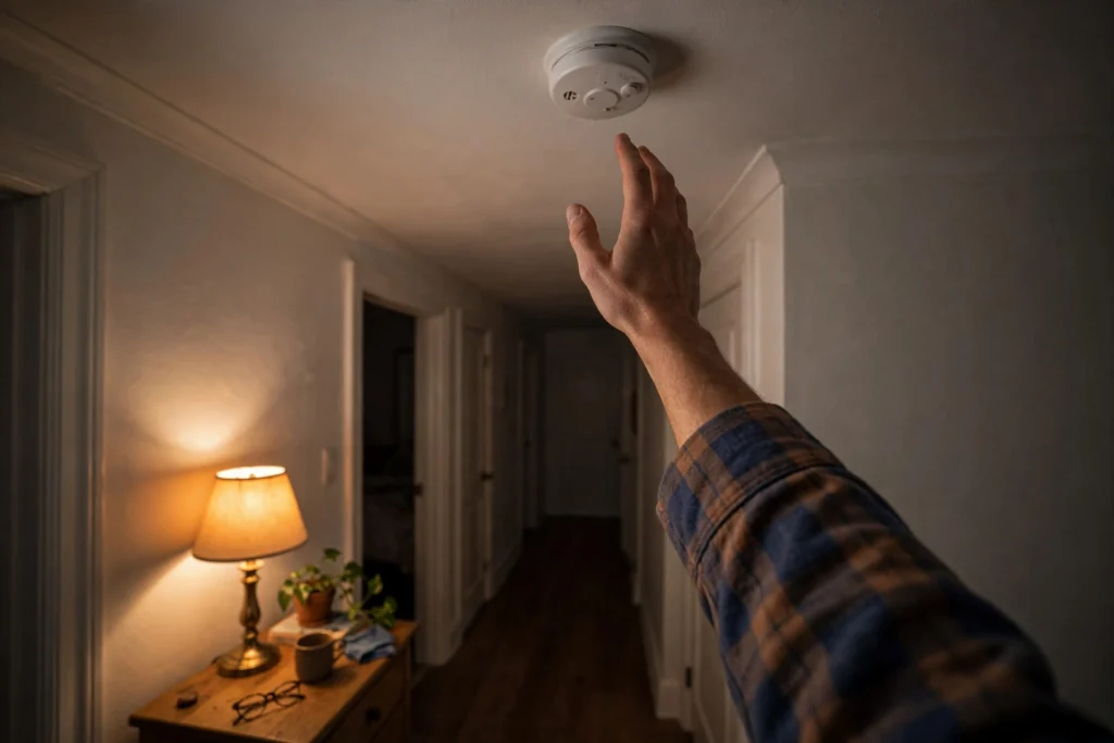 Hand reaching toward a smoke detector on a home ceiling at night