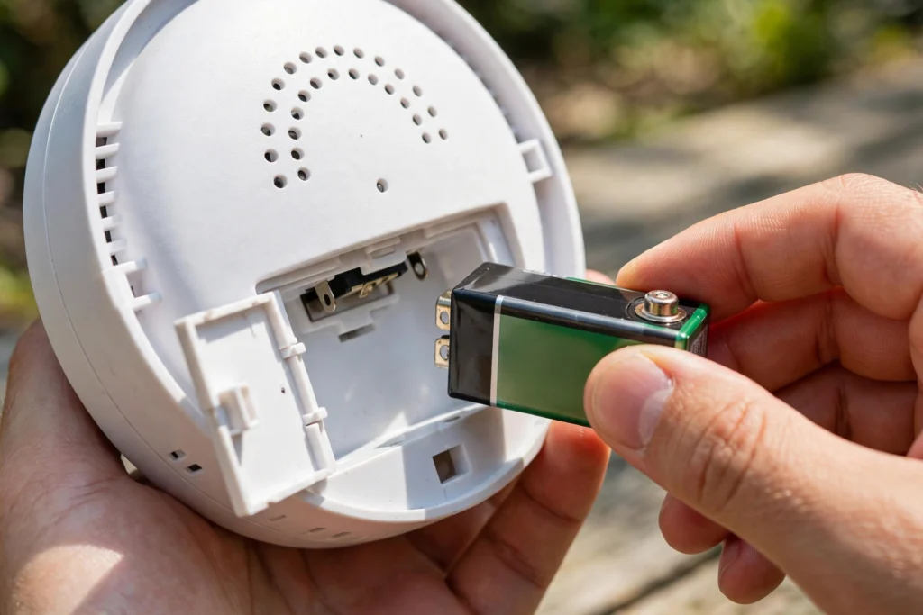 Fresh 9V battery being inserted into a smoke detector battery compartment