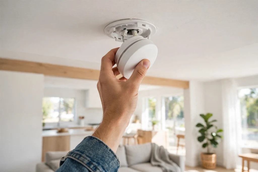 Hand twisting a smoke detector off its ceiling mounting bracket