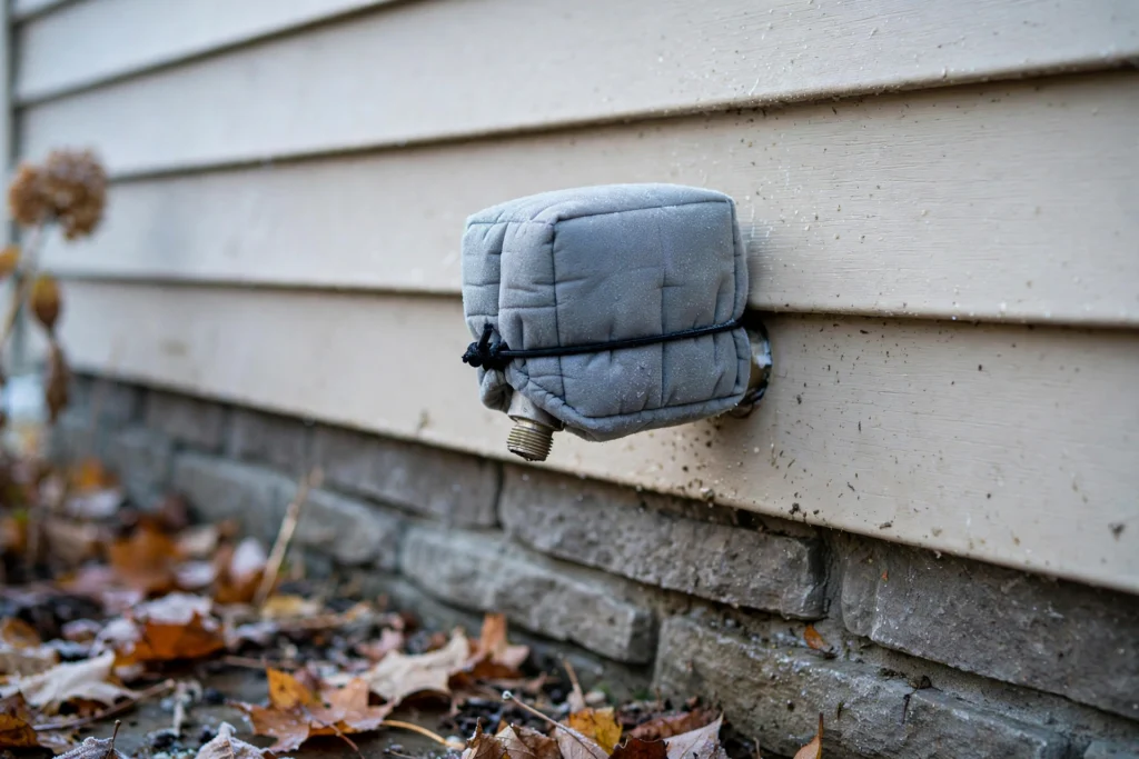 Insulated foam cover protecting an outdoor faucet from freezing temperatures