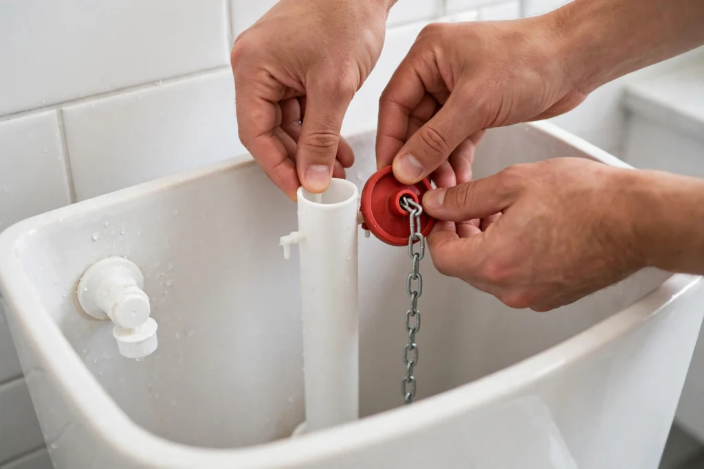Hands snapping a new red flapper valve onto the overflow tube pegs inside a toilet tank