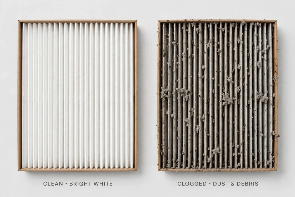 Comparison of a clean pleated furnace filter next to a dirty clogged filter