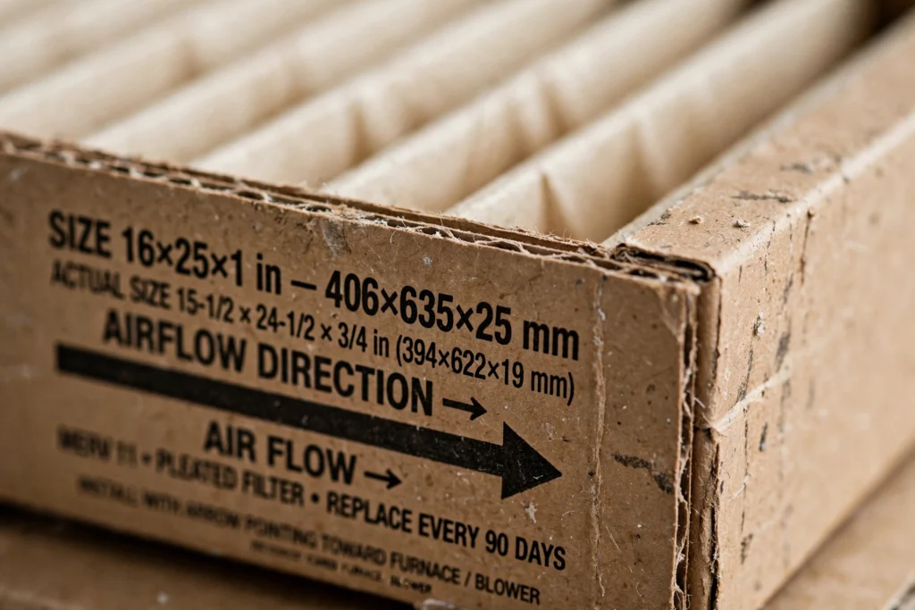 Close-up of furnace filter frame showing the printed size and airflow direction arrow