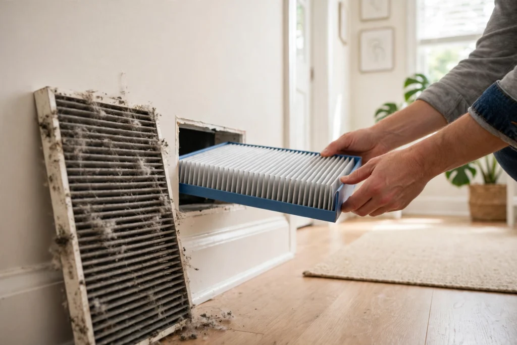 Homeowner replacing a dirty HVAC air filter with a new pleated filter