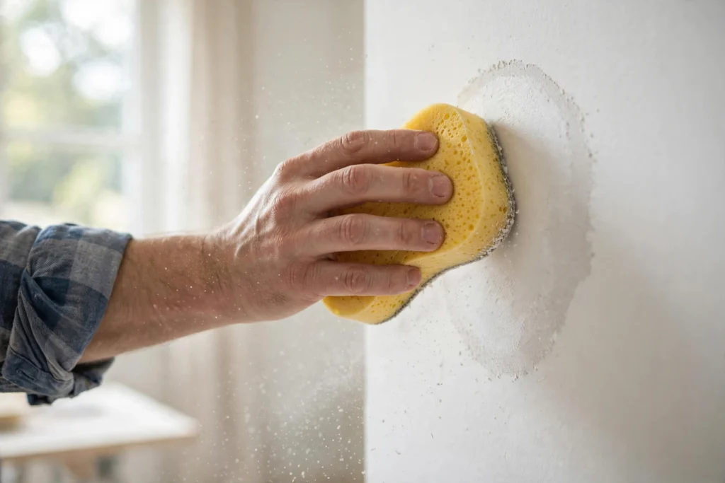 Hand sanding a dried drywall patch smooth with a sanding sponge