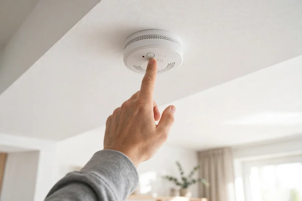 Hand pressing the test button on a ceiling-mounted smoke detector