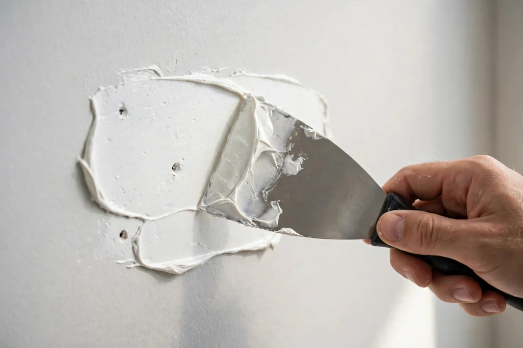 Putty knife spreading spackle over nail holes in a wall