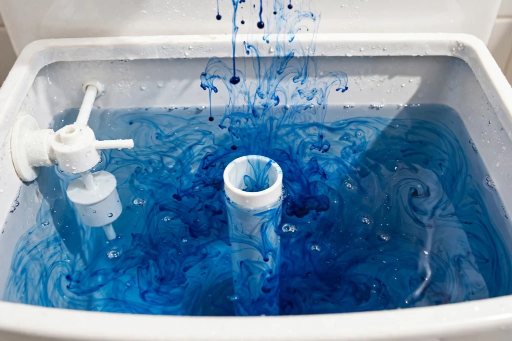 Blue food coloring dispersing in toilet tank water during a dye test