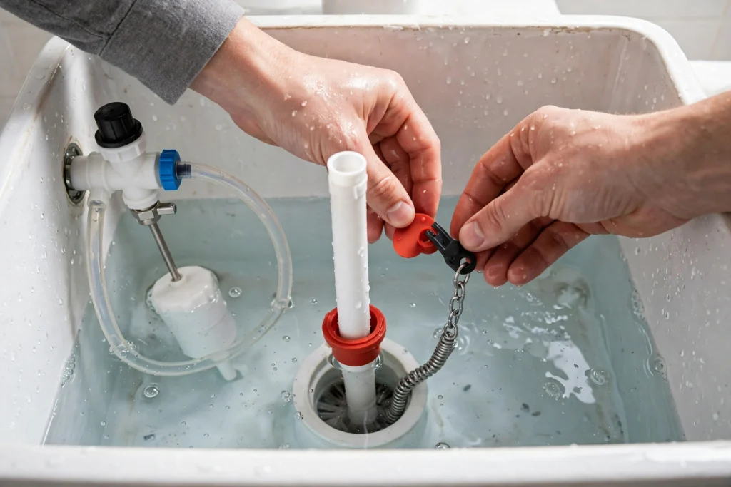 Hands replacing a red rubber flapper valve inside a toilet tank
