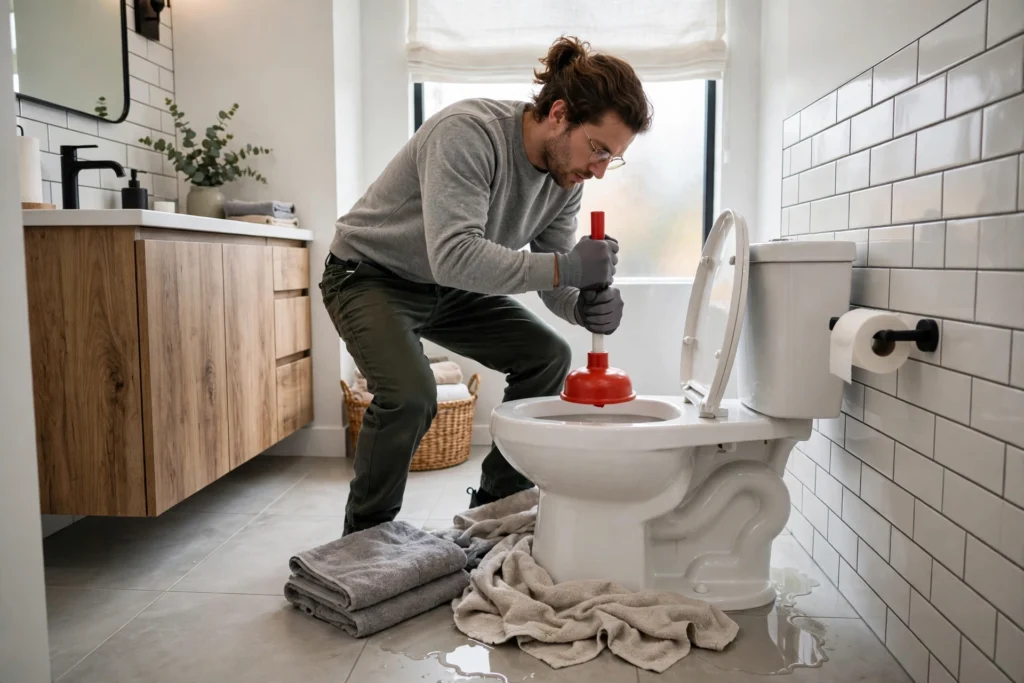 Person using a flange plunger to unclog a toilet