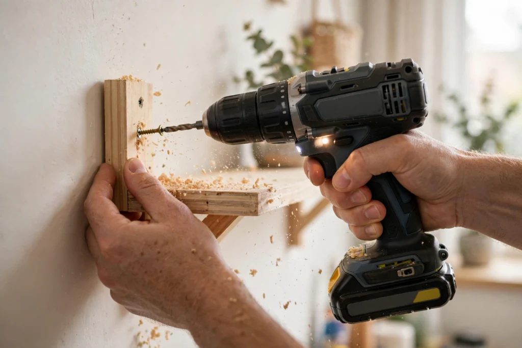 Hands using a cordless drill to drive a screw into a shelf bracket