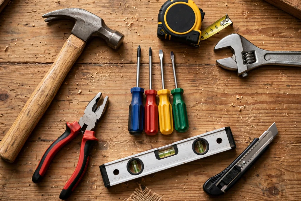Flat-lay of essential hand tools arranged on a wooden workbench
