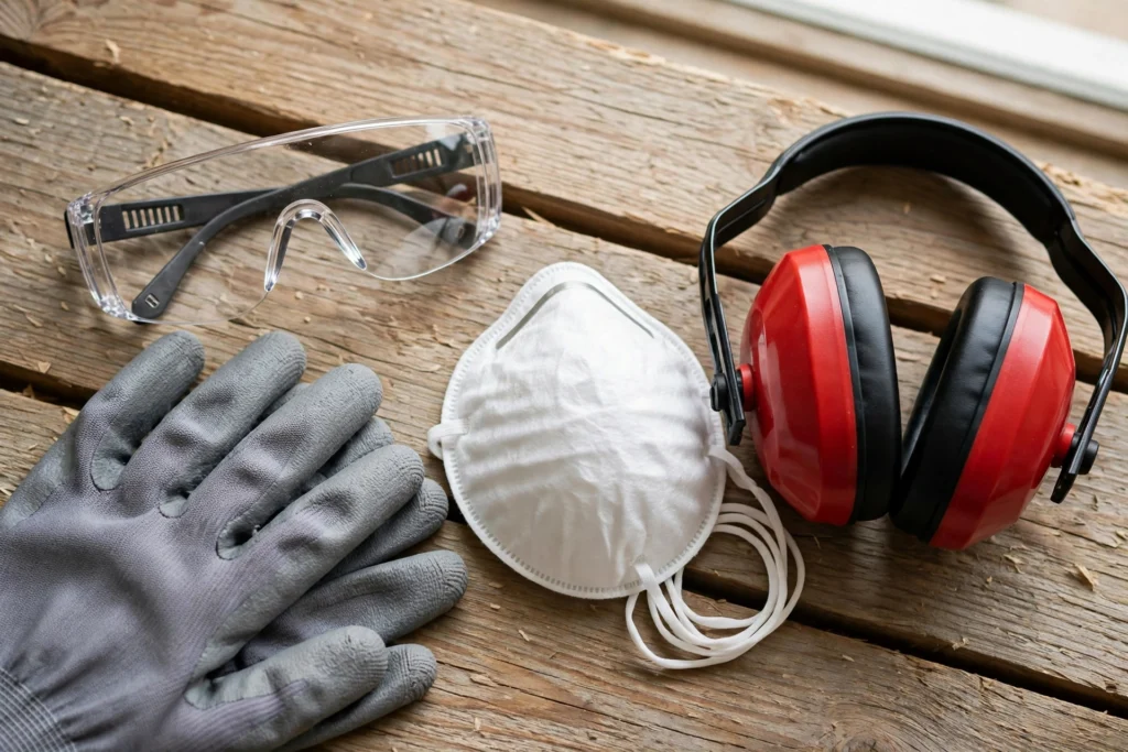 DIY safety gear: safety glasses, work gloves, ear muffs and dust mask on a wooden surface