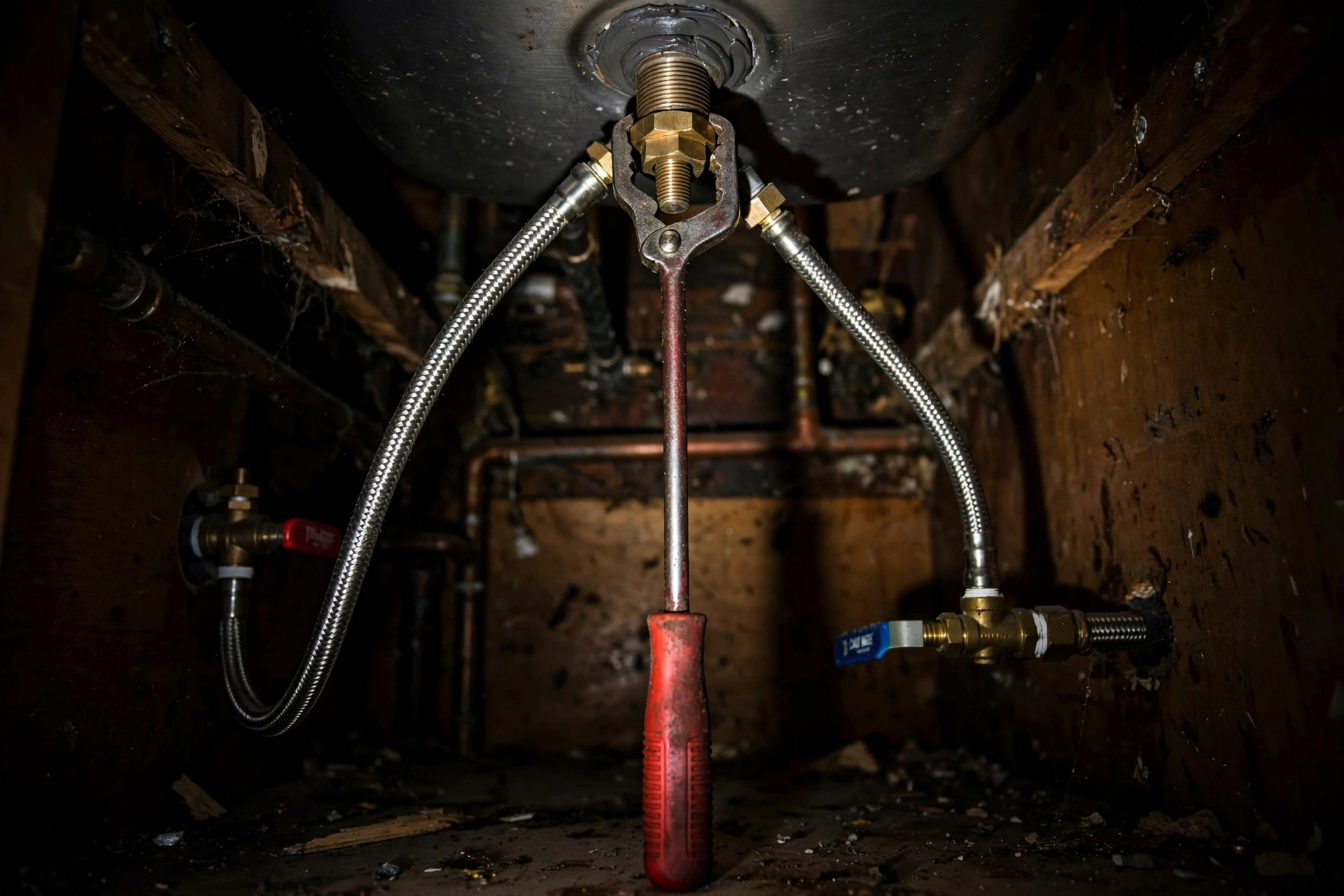 Basin wrench gripping a faucet mounting nut under a kitchen sink with braided supply lines
