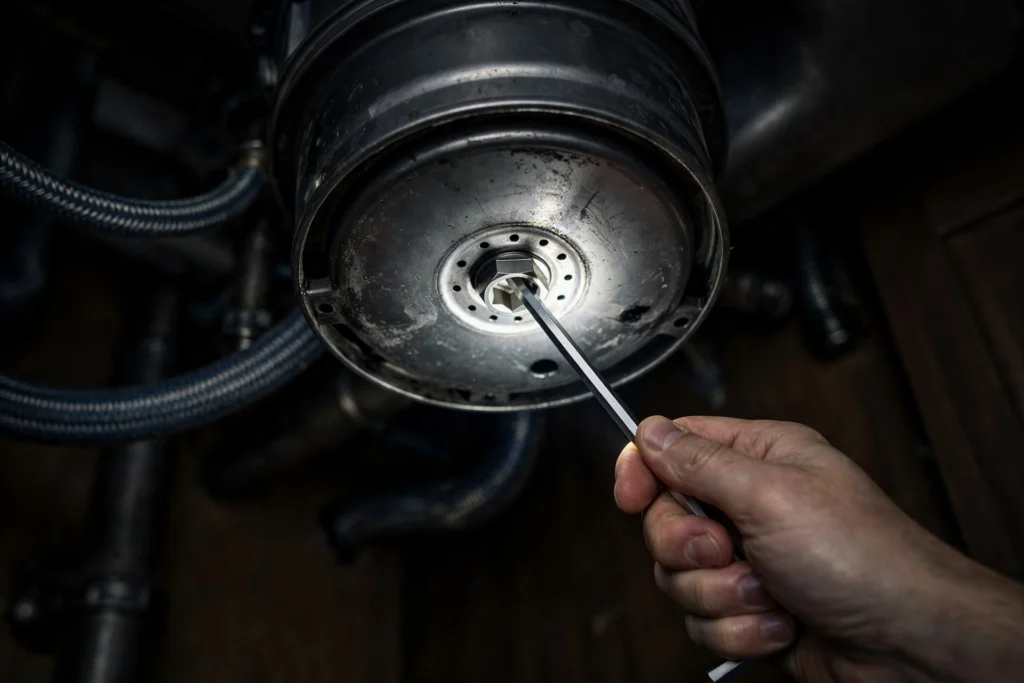 Hex wrench inserted into the manual flywheel socket on the bottom center of a garbage disposal