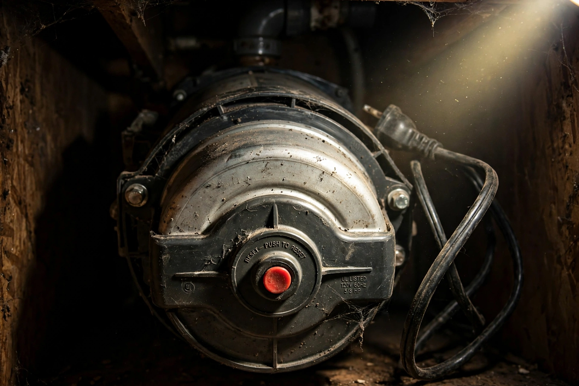 Close-up of the red reset button on the bottom of a garbage disposal unit