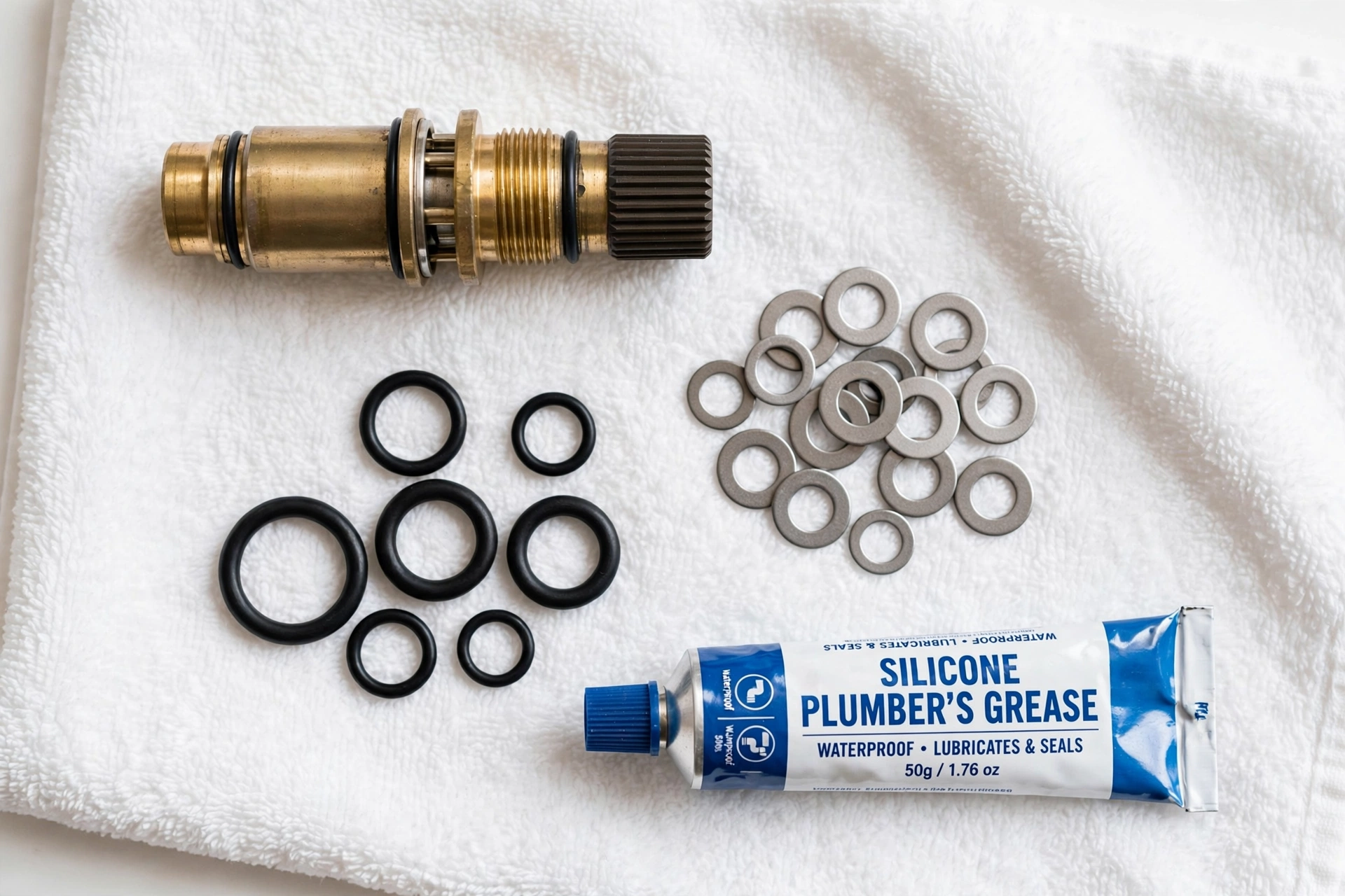 Faucet repair parts laid out on a towel: cartridge, O-rings, washers, and plumber's grease