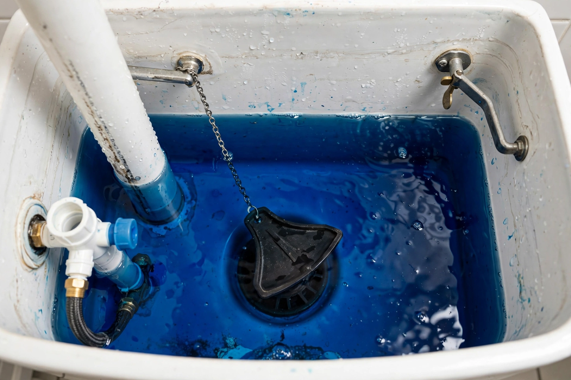 Toilet tank water tinted blue during a dye test to check for a leaking flapper