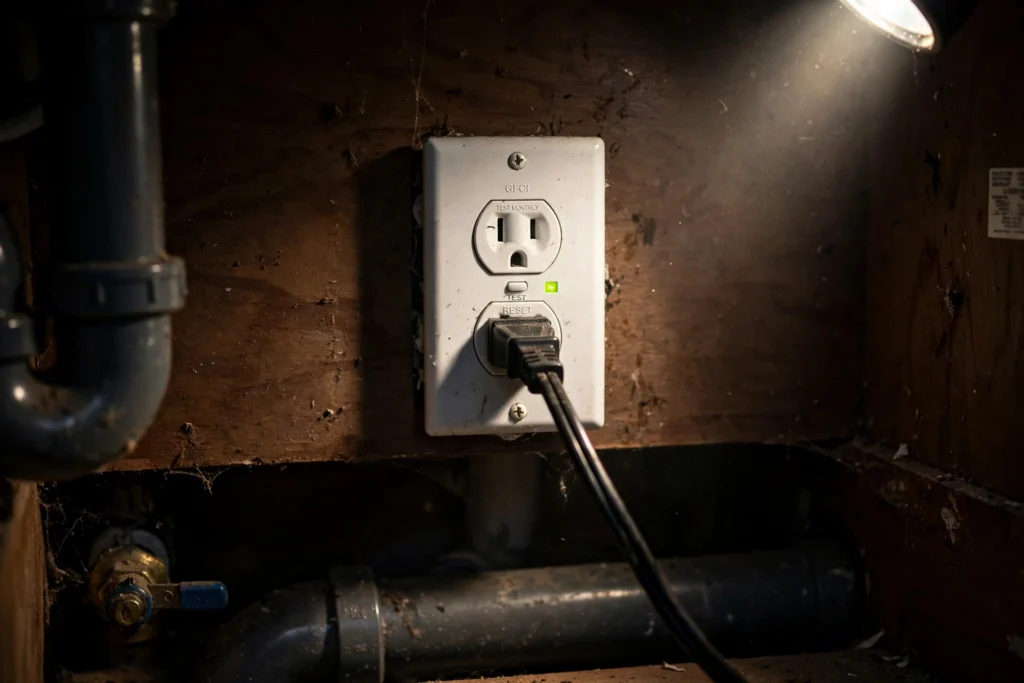 GFCI electrical outlet under a kitchen sink showing the TEST and RESET buttons