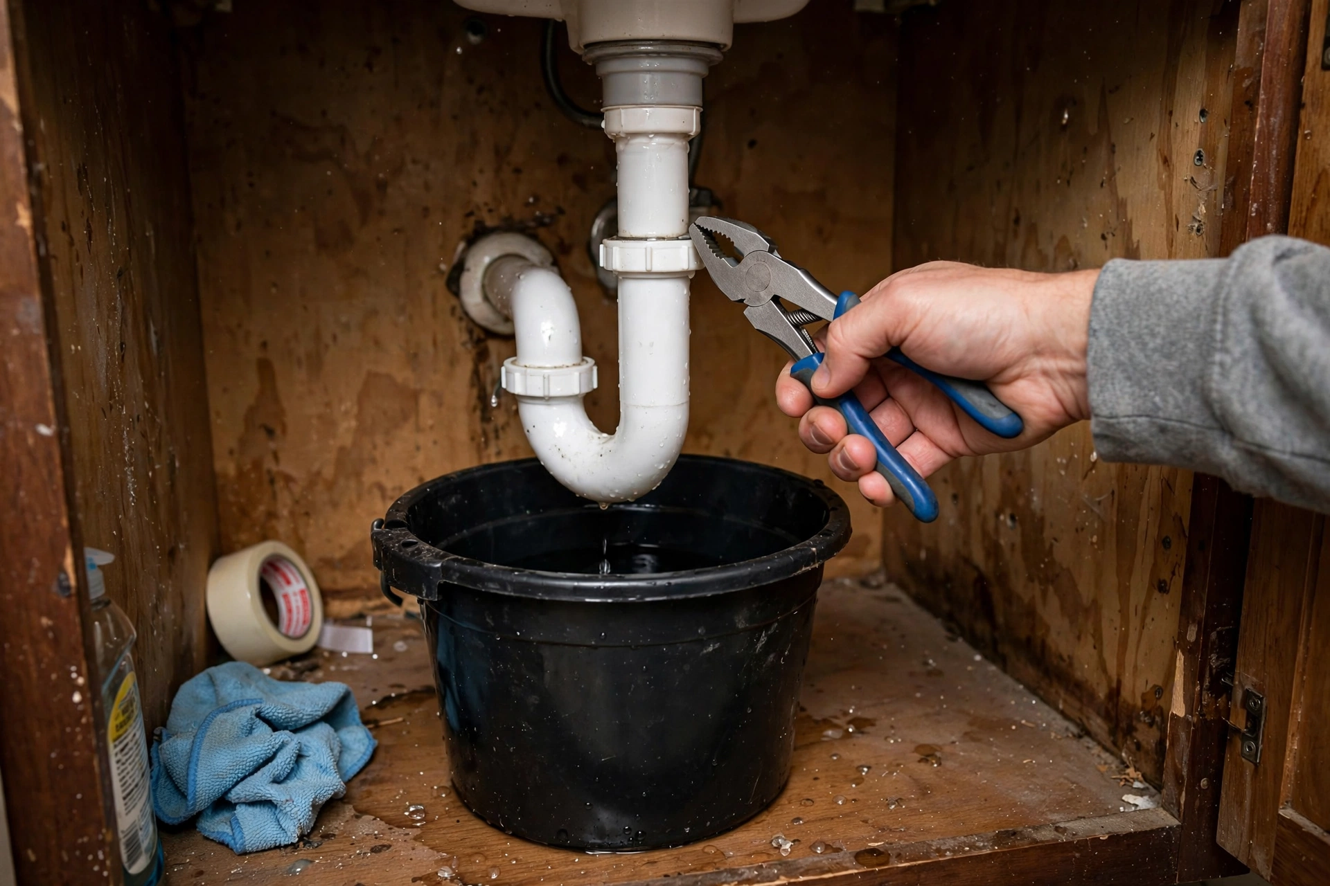 P-trap pipe under a bathroom sink with a bucket placed underneath during removal