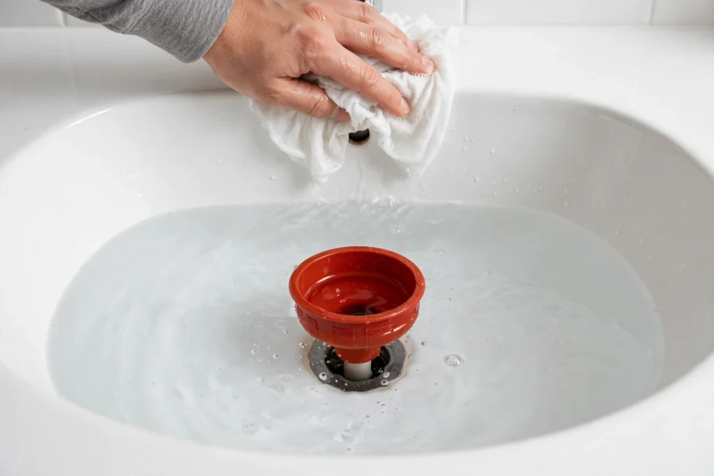 Cup plunger over a bathroom sink drain with a wet rag sealing the overflow hole