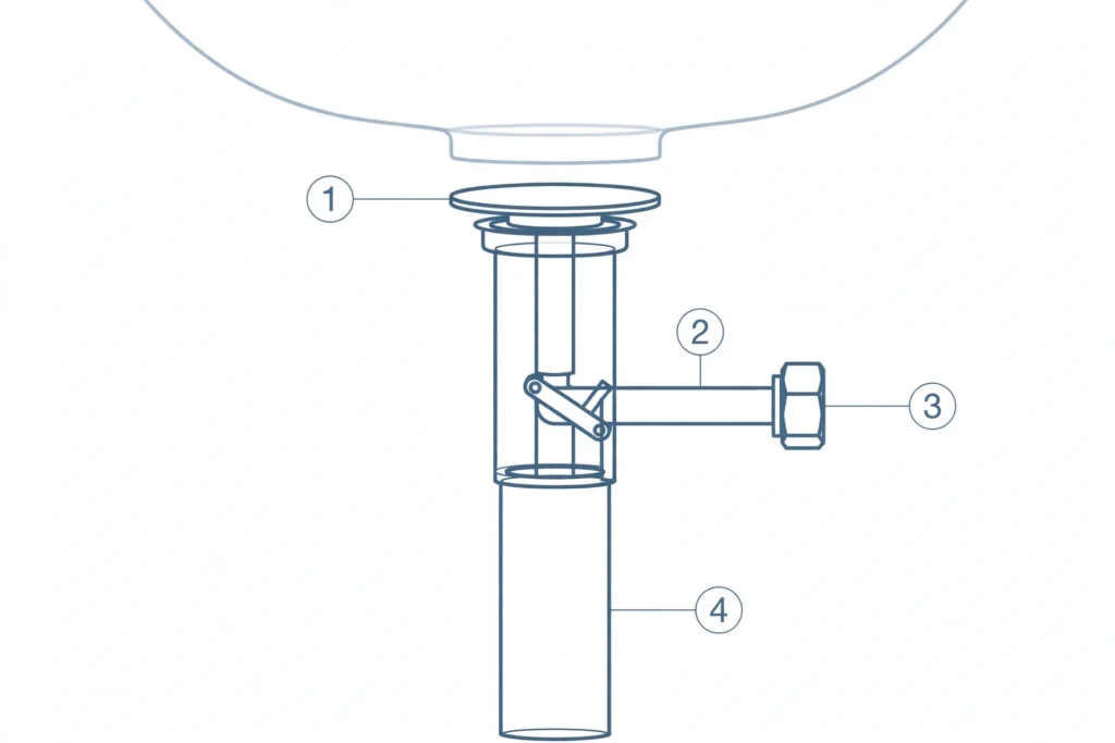 Labeled diagram of a bathroom sink pop-up drain assembly showing the stopper, pivot rod, retaining nut, and tailpiece
