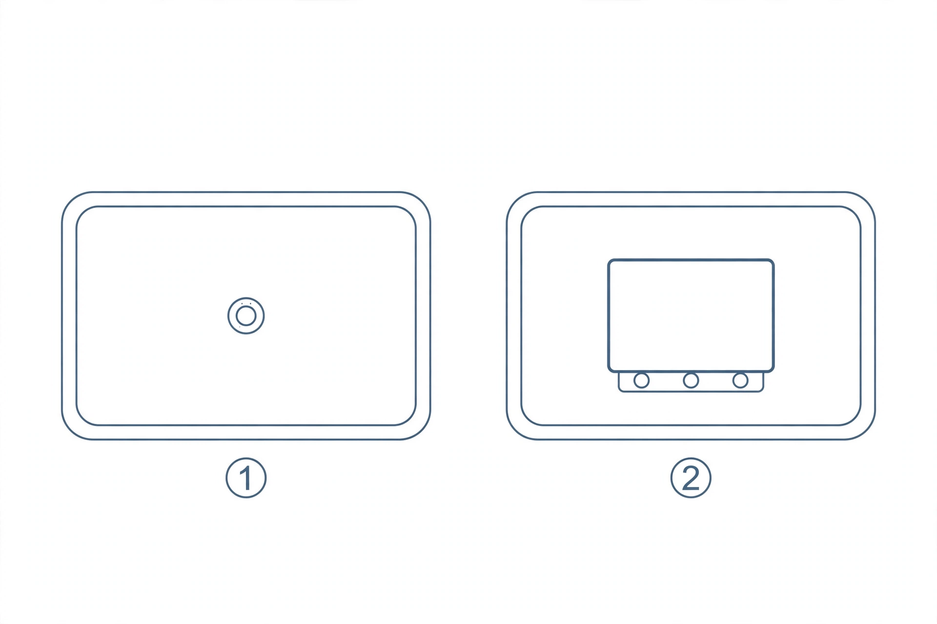 Diagram showing a 1-hole sink deck (1) and a 3-hole sink deck with a deck plate covering the extra holes (2)